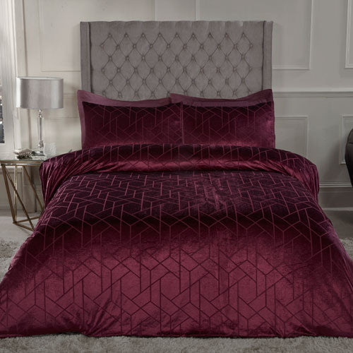 Luxury Geo Velvet Burgundy Duvet Cover Set