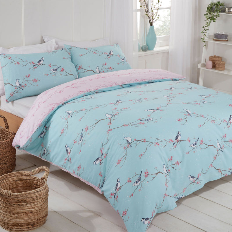 Blossom Bird Design Light Blue Duvet Set