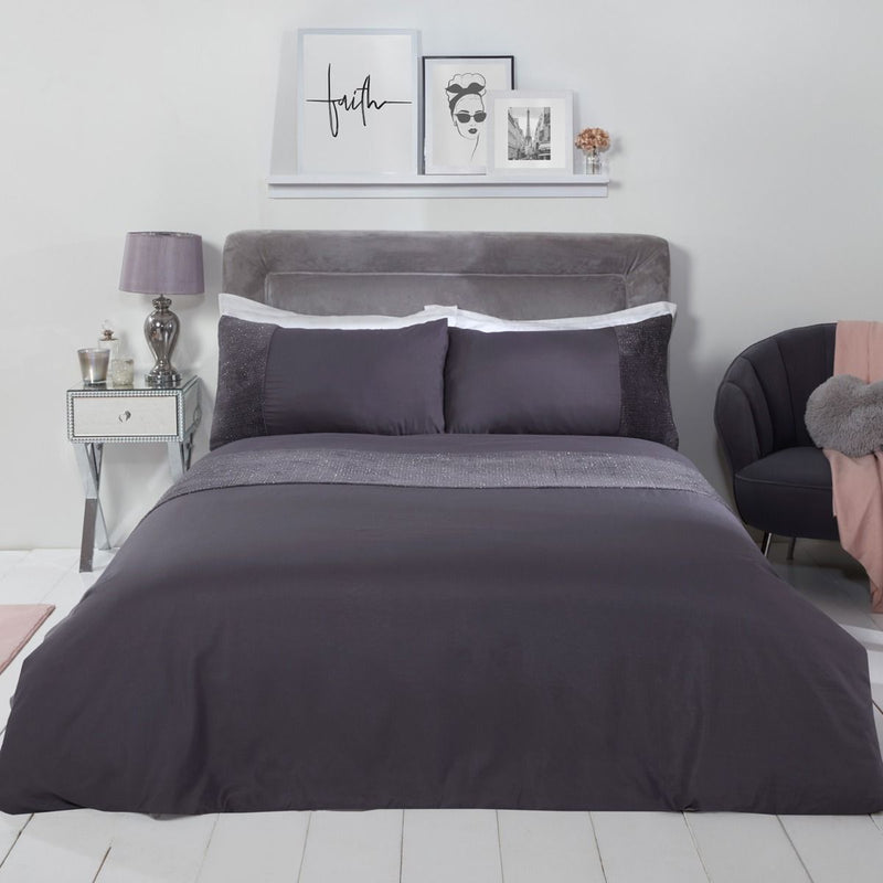 Sienna Glitter Fleece Panel Charcoal Duvet Set