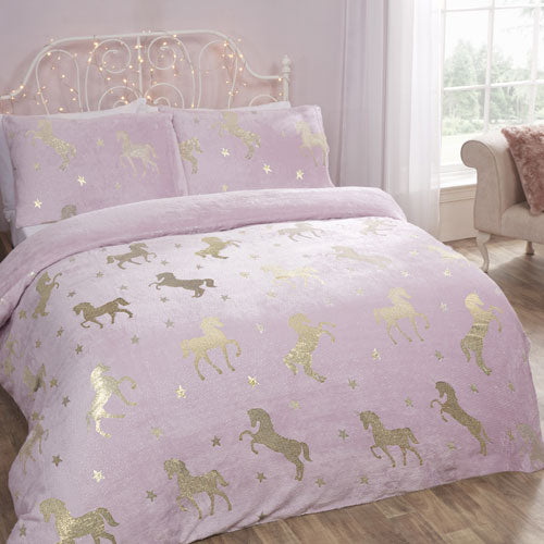 Comfy Fleece Foil Unicorn Print Pink Duvet Cover Set