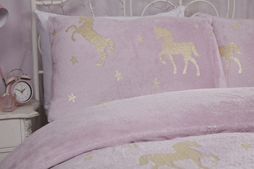 Comfy Fleece Foil Unicorn Print Pink Duvet Cover Set