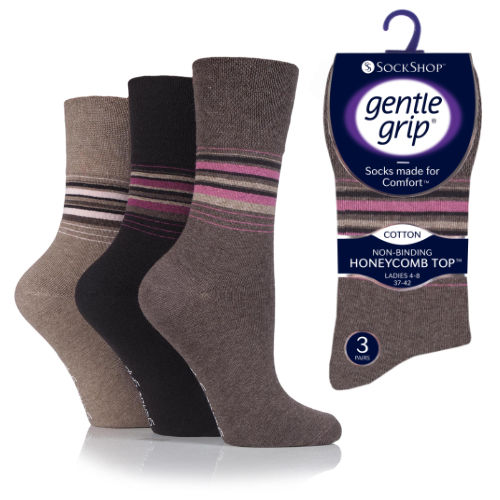 6 Pairs Ladies Gentle Grip Socks Stripe Neutral Size 4-7