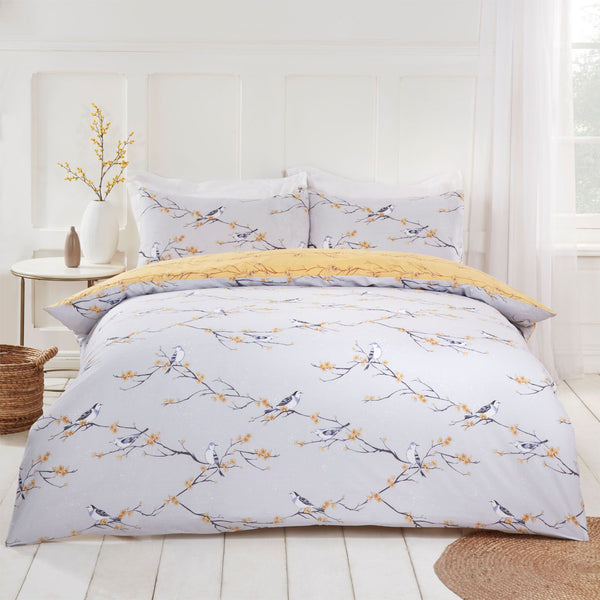 Blossom Bird Design Yellow Grey Duvet Set