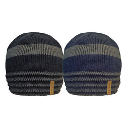 Mens 2 Tone Stripe Beanie Hat With Rib Cosy Fleece Liner