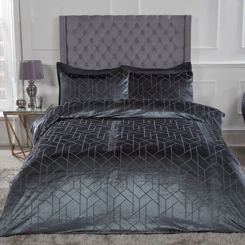 Luxury Geo Velvet Charcoal Grey Duvet Cover Set