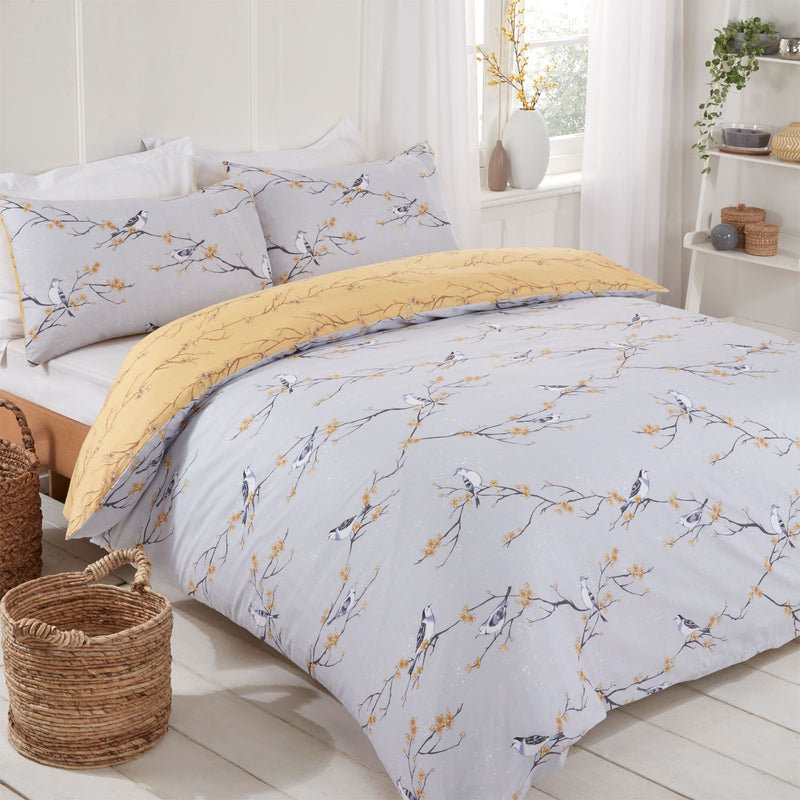 Blossom Bird Design Yellow Grey Duvet Set