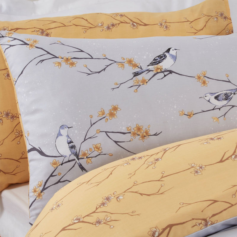 Blossom Bird Design Yellow Grey Duvet Set