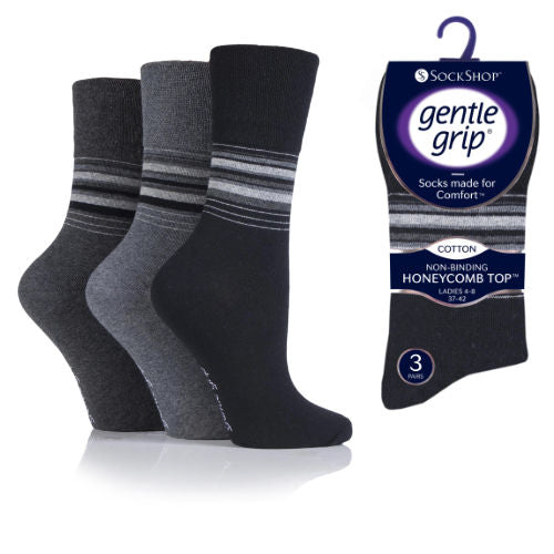 6 Pairs  Ladies Gentle Grip Socks Stripes Monochrome Size 4-7