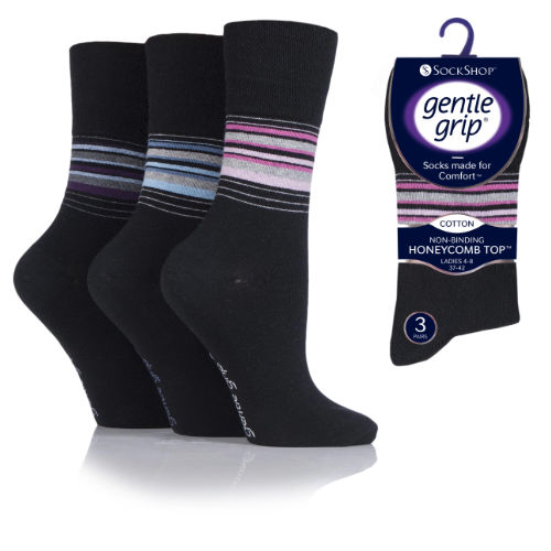 6 Pairs Ladies Gentle Grip Socks Stripe Black Size 4-7