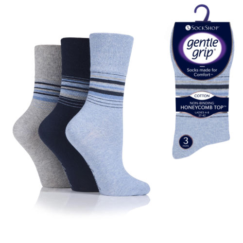 6 Pairs Ladies Gentle Grip Socks Stripe Navy Size 4-7