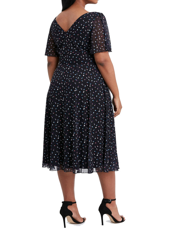 Angel Sleeve Heart Print Mesh Overlay Midi Dress by Scarlett & Jo PLUS SIZE