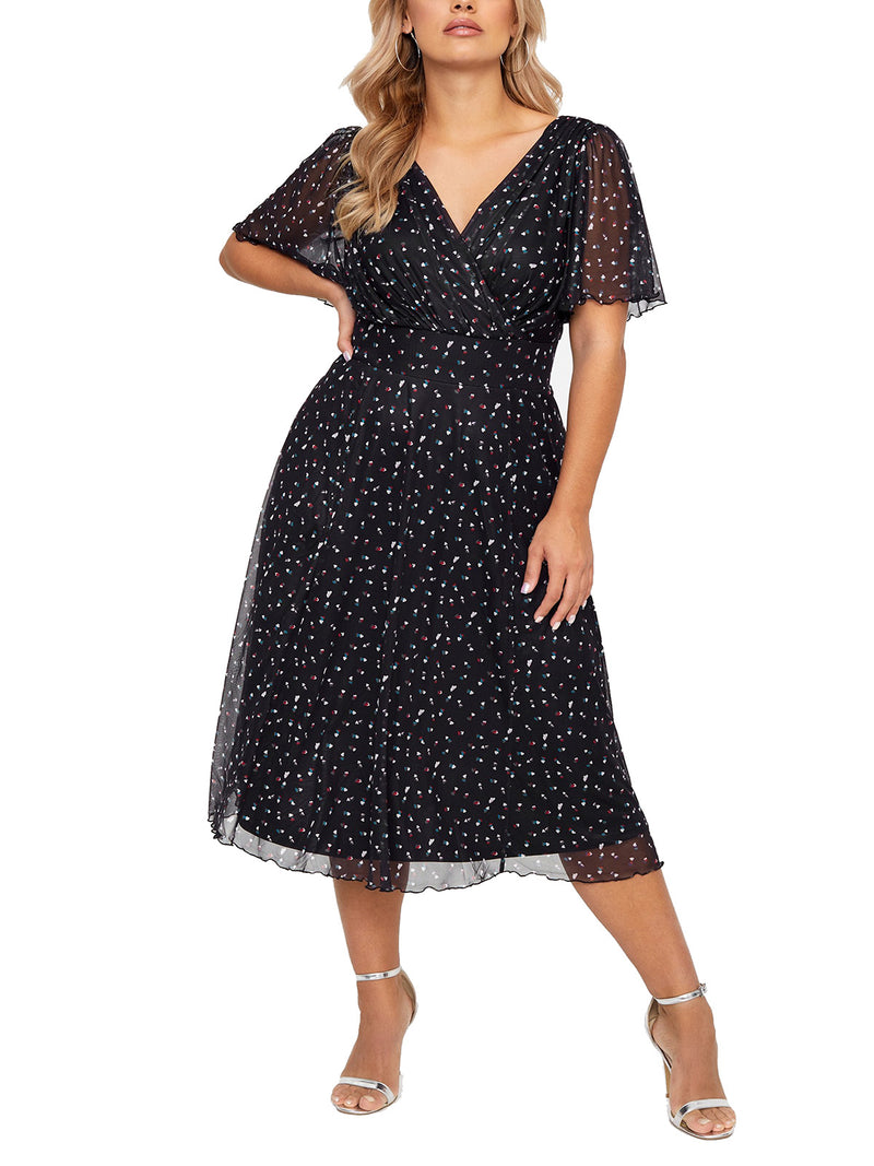 Angel Sleeve Heart Print Mesh Overlay Midi Dress by Scarlett & Jo PLUS SIZE