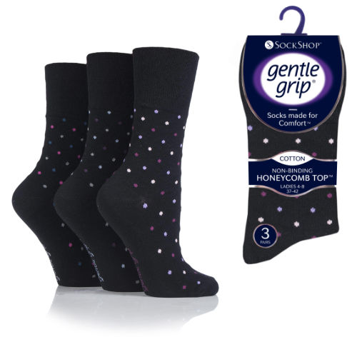 6 Pairs Ladies Gentle Grip Socks Dots Black Size 4-7