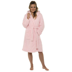 Ladies Pink Fluffy Hooded Dressing Gown Size 8 -22