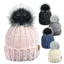 Ladies Smooth Chenille Detachable Pom Pom Hat