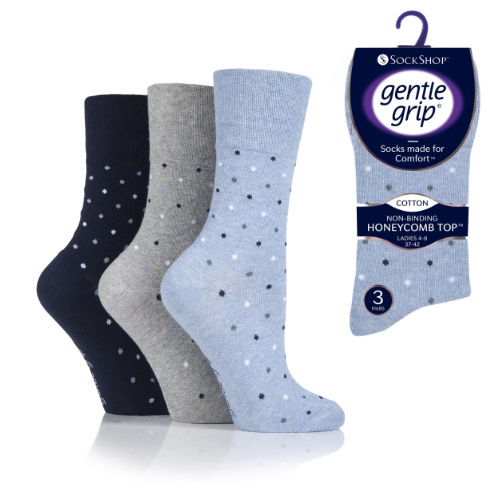 6 Pairs Ladies Gentle Grip Socks Navy Dots Size 4-7