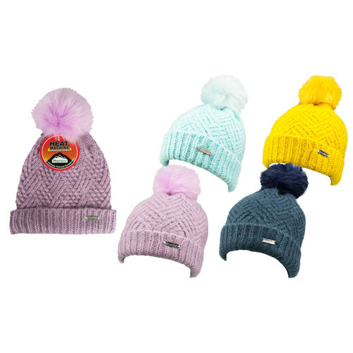 Ladies Heat Machine Pom Pom Hat Zig Zag Knit