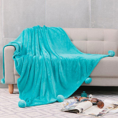 Pom Pom Faux Mink Throw Teal