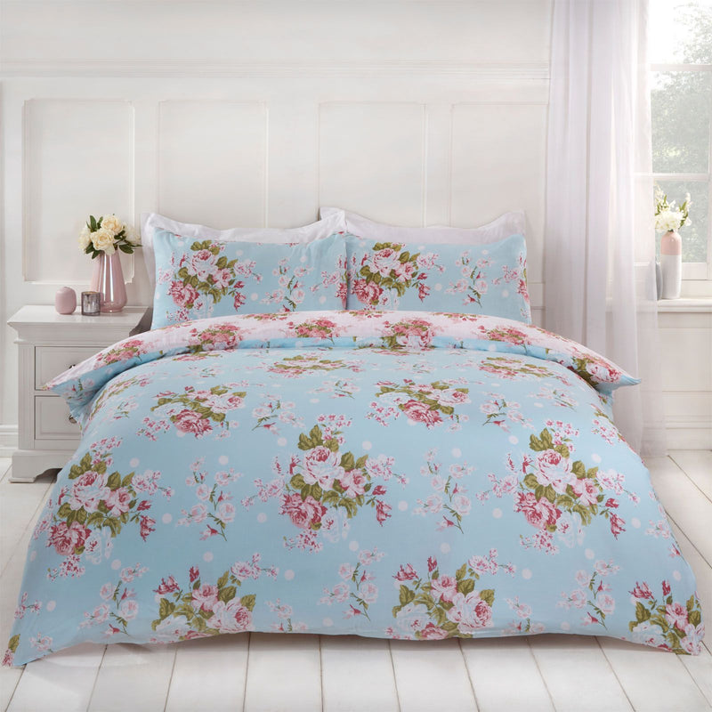 English Rose Design Light Blue Duvet Set