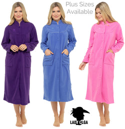 Ladies Daisy Button Through Fleece Dressing Gowns by Lady Olga Size 10 -28