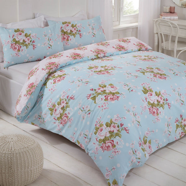 English Rose Design Light Blue Duvet Set