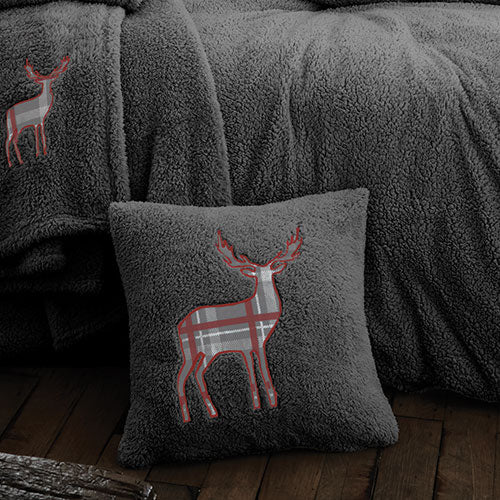 2 Pack Stag Embroidered Soft Feel Teddy Charcoal Cushion Cover