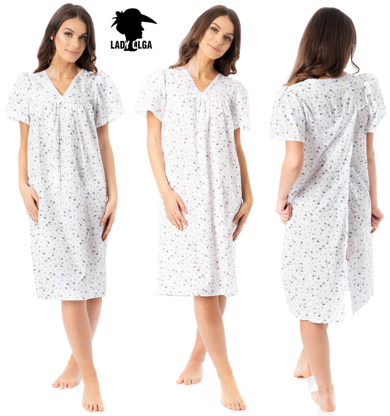 Ladies Incontinence Open Back Poly Cotton Floral Nightdresses by Lady Olga Size 8 - 30