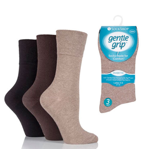 6 Pairs Ladies Diabetic Gentle Grip Socks Brown Size 4-8