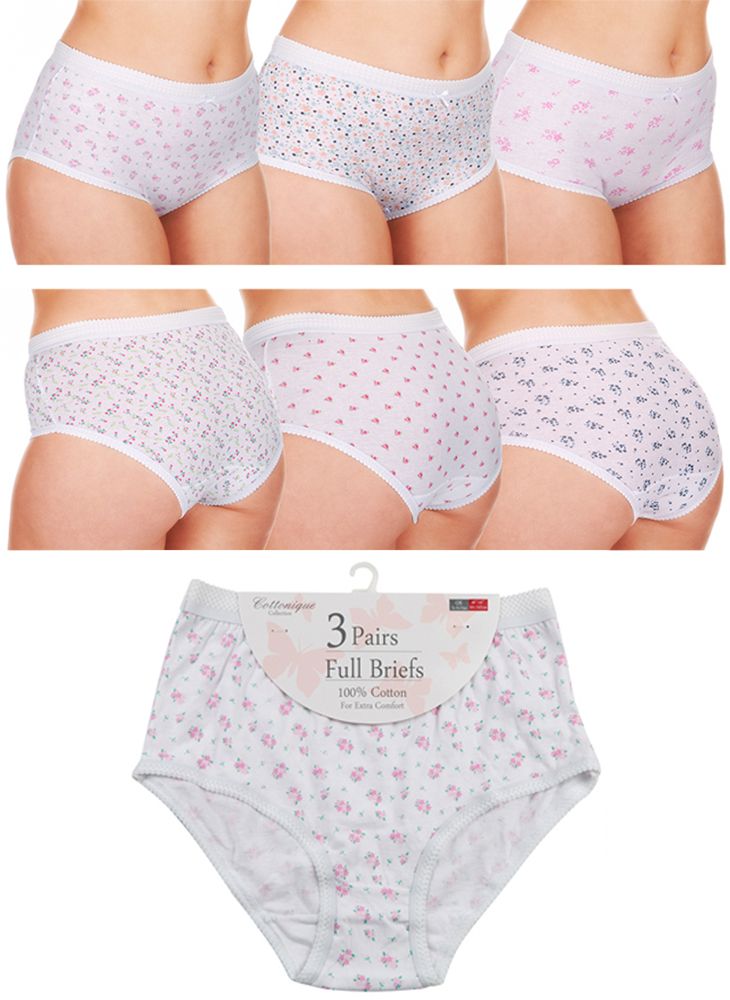 3 Pack Ladies Floral 100% Cotton Full Briefs Plus Size