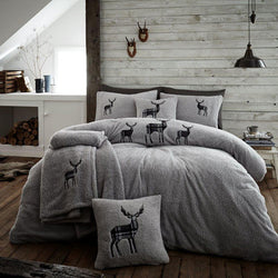 Luxury Super Soft Teddy Embroidered Fleece Silver Duvet Cover Set