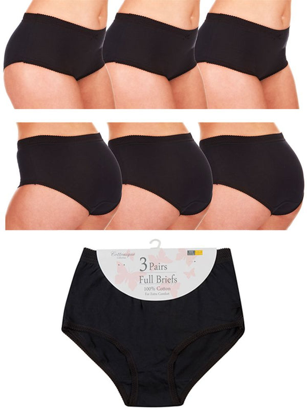 3 Pack Ladies Black 100% Cotton Full Briefs by Cottonique Plus Size