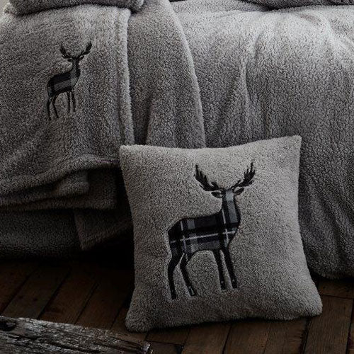 2 Pack Stag Embroidered Soft Feel Teddy Silver Cushion Cover