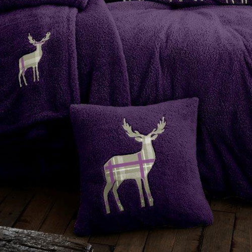 2 Pack Stag Embroidered Soft Feel Teddy Purple Cushion Cover