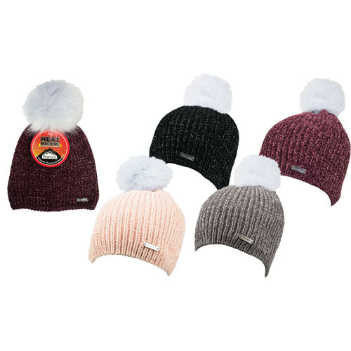 Ladies Heat Machine Pom Pom Hat Chenille Sparkle