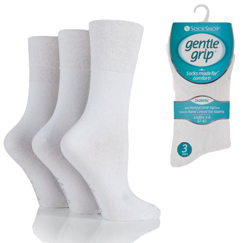 6 Pairs Ladies Diabetic Gentle Grip Socks White Size 4-8