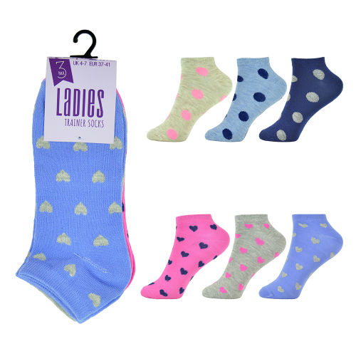 12 Pairs Trainer Socks Spots And Hearts Size 4-7