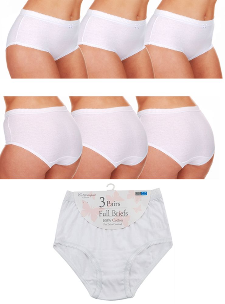 3 Pack Ladies White 100% Cotton Full Briefs by Cottonique Plus Size