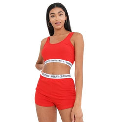 Merry Christmas Slogan Crop Top And Shorts Set Red Size Small - XL