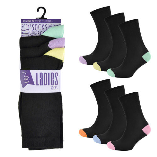 6 Pairs Ladies Plain Coloured Heel & Toe Socks Size 4-8