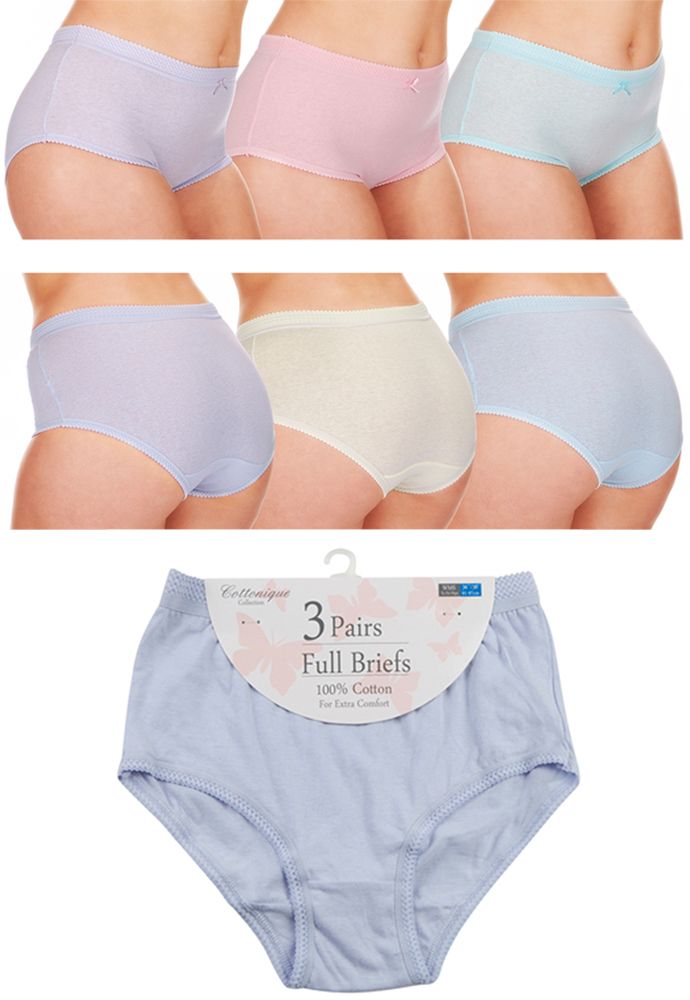 3 Pack Ladies Pastel 100% Cotton Full Briefs by Cottonique Plus Size