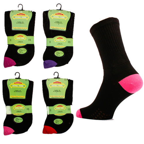 3 Pairs Extra Wide Diabetic Ladies Socks Coloured Heel & Toe Size 4-8