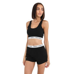 Merry Christmas Slogan Crop Top And Shorts Set Black Size Small - XL