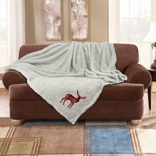 Stag Embroidered Soft Feel Teddy Cream Throw