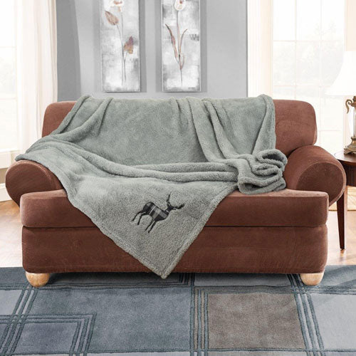 Stag Embroidered Soft Feel Teddy Silver Throw