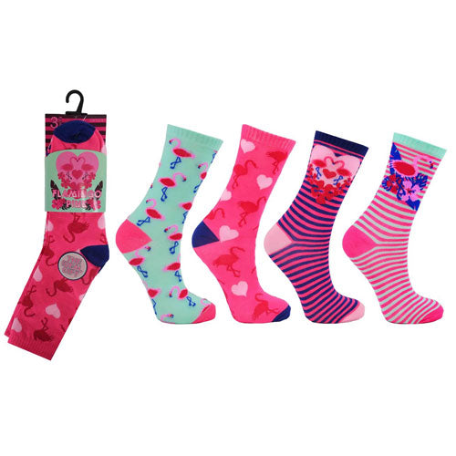 3 Pack Flamingo Pink Childrens Novelty Socks