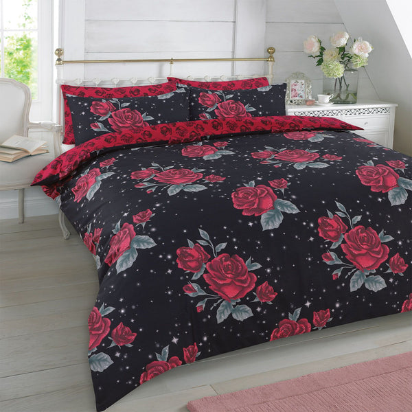 English Rose Design Black Red Duvet Set