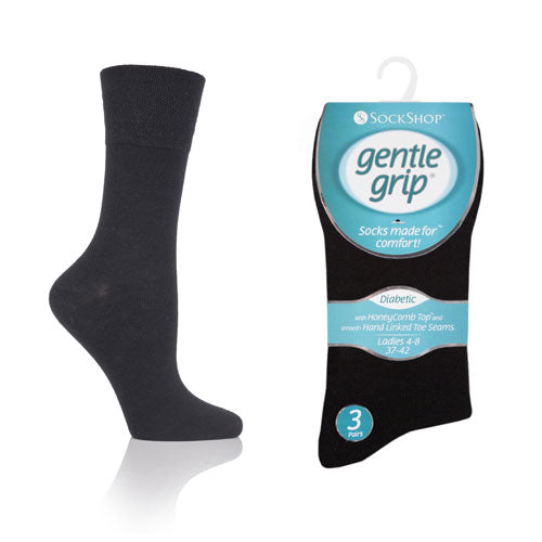 6 Pairs Ladies Diabetic Gentle Grip Socks Black Size 4-8