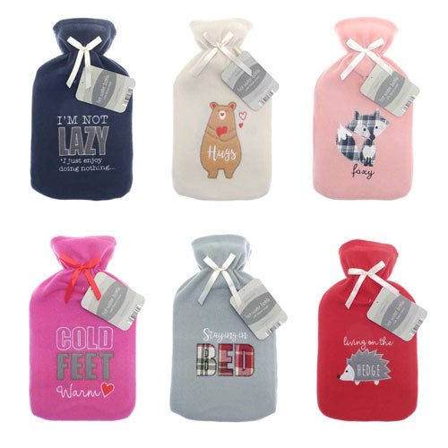 Hot Water Bottle With Assorted Fleece Applique Cover