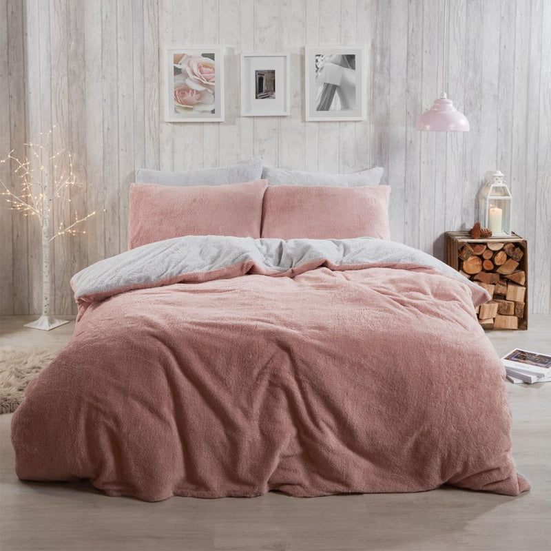 Brentfords Teddy Fleece Blush Pink & Grey Duvet Cover Set