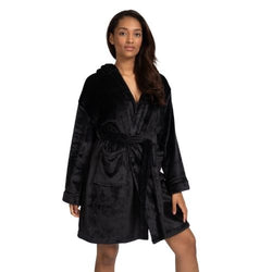 Black Luxury Fleece Hooded Robe Satin Trim Size 8 - 22